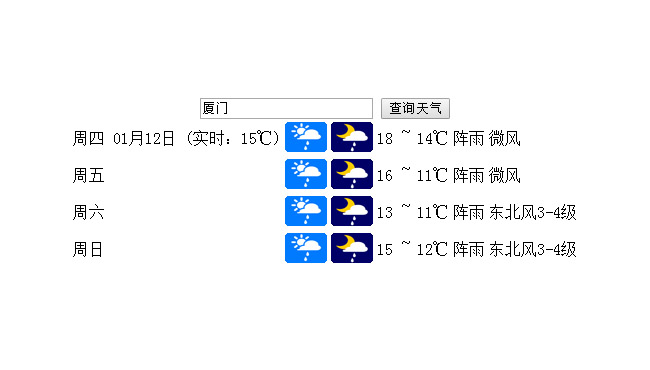 jQuery表单输入城市查询天气预报代码