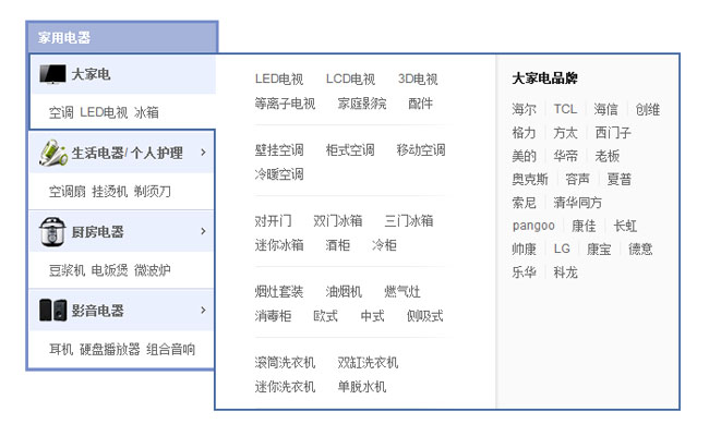 jquery淘宝电器左侧分类菜单