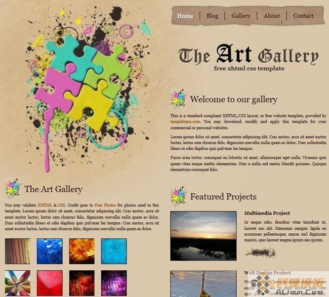 艺术拼图相册div+css土黄色网页模板