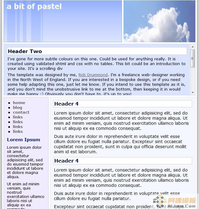 蓝色天空飘云淡蓝div css免费网页模板