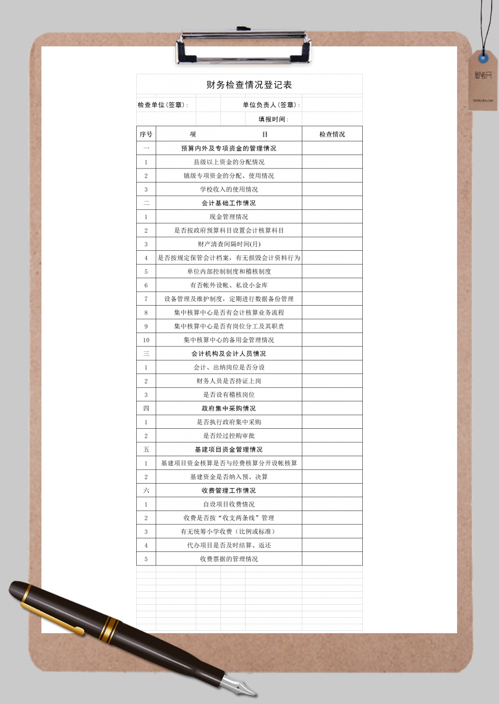 财务检查情况登记表Excel模板