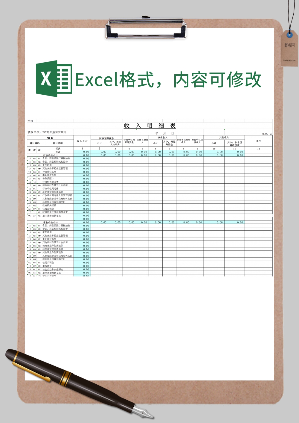 药监收入明细表Excel模板