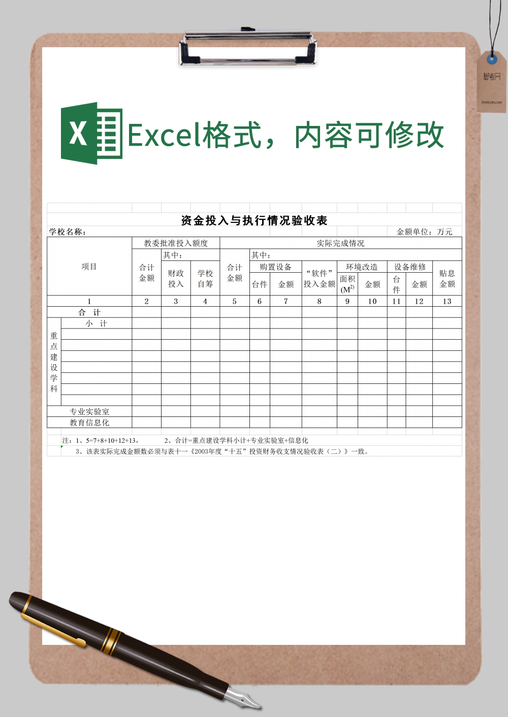 学校资金投入与执行情况验收表范本Excel模板