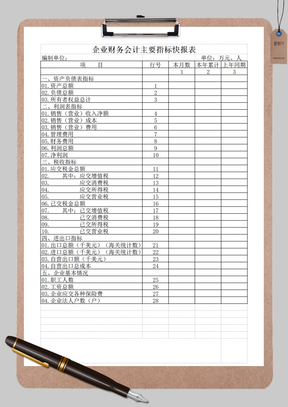 企业财务会计主要指标快报统计表Excel模板
