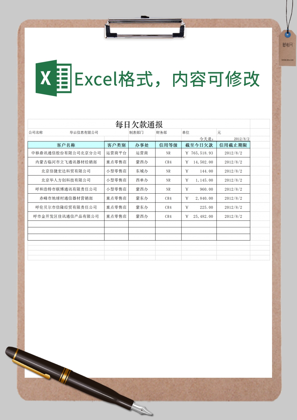 公司运营商每日欠款通报Excel模板