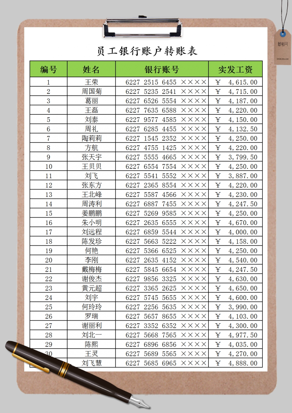 员工银行帐户转帐表表格范本样式Excel模板