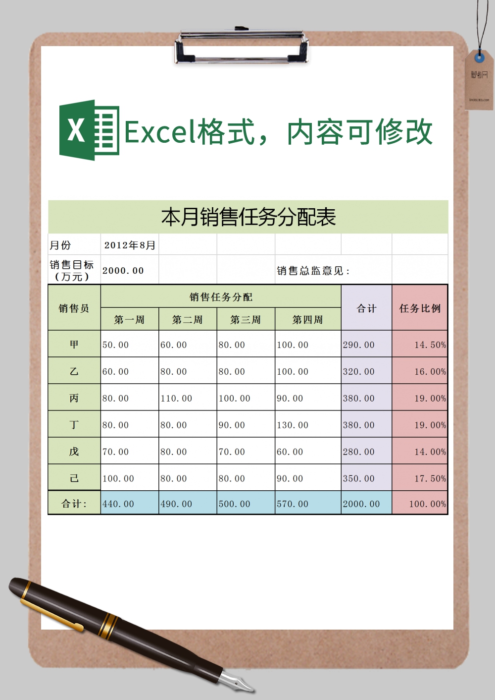 本月销售任务分配表Excel模板