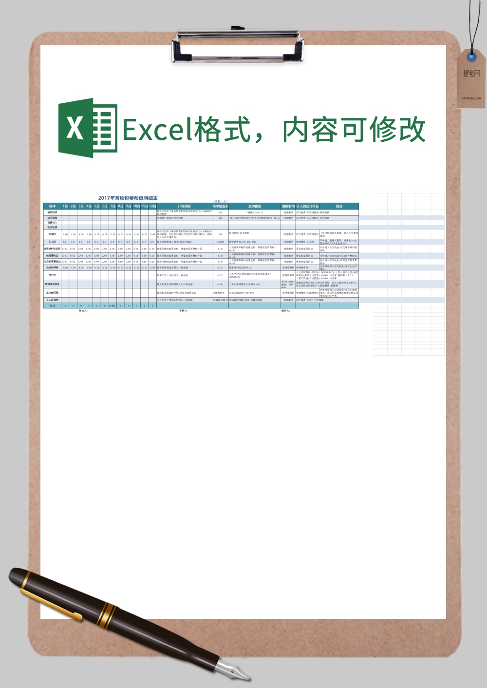 各项税费预算明细表Excel模板