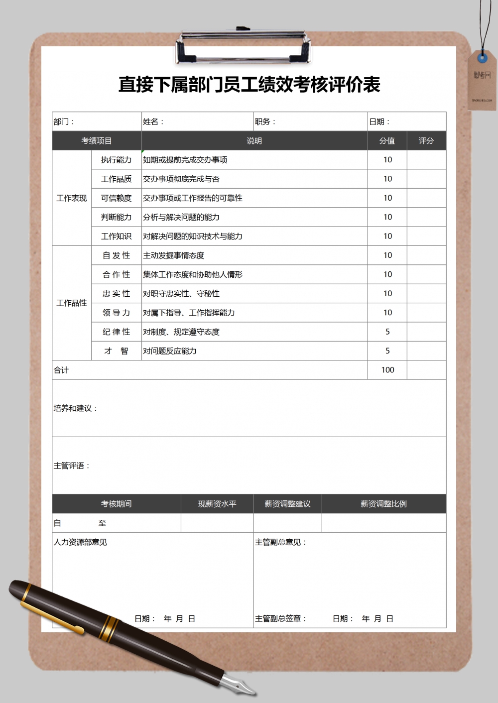 直接下属部门员工绩效考核评价表表格范本Excel模板