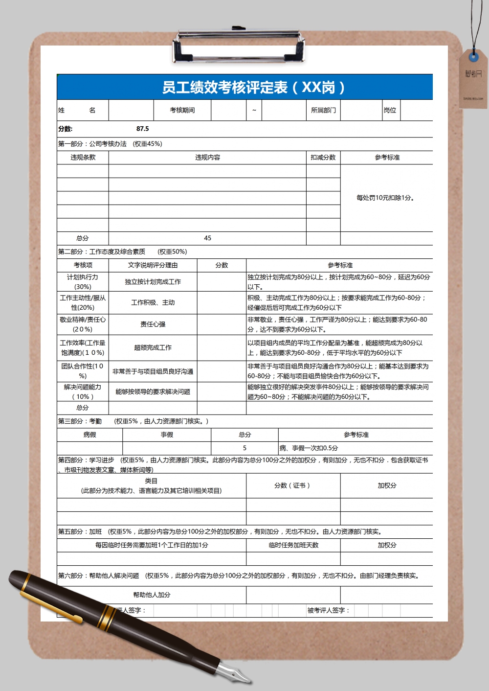 公司员工绩效考核评定表Excel模板