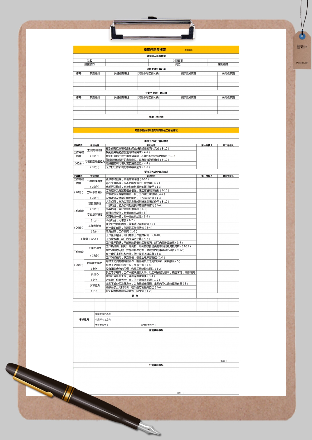 季度评定考核表Excel模板