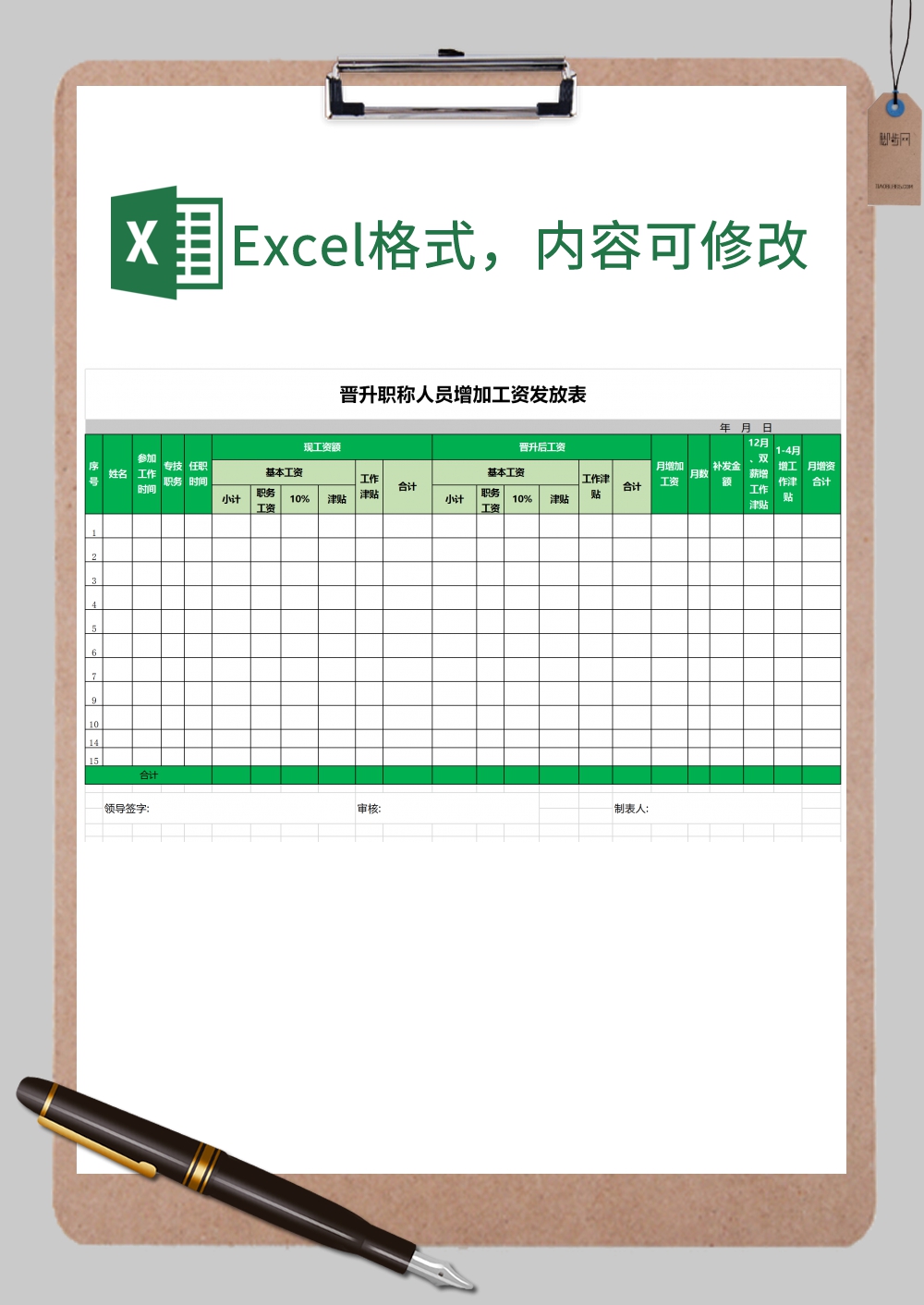 晋升人员增加工资统计表Excel模板