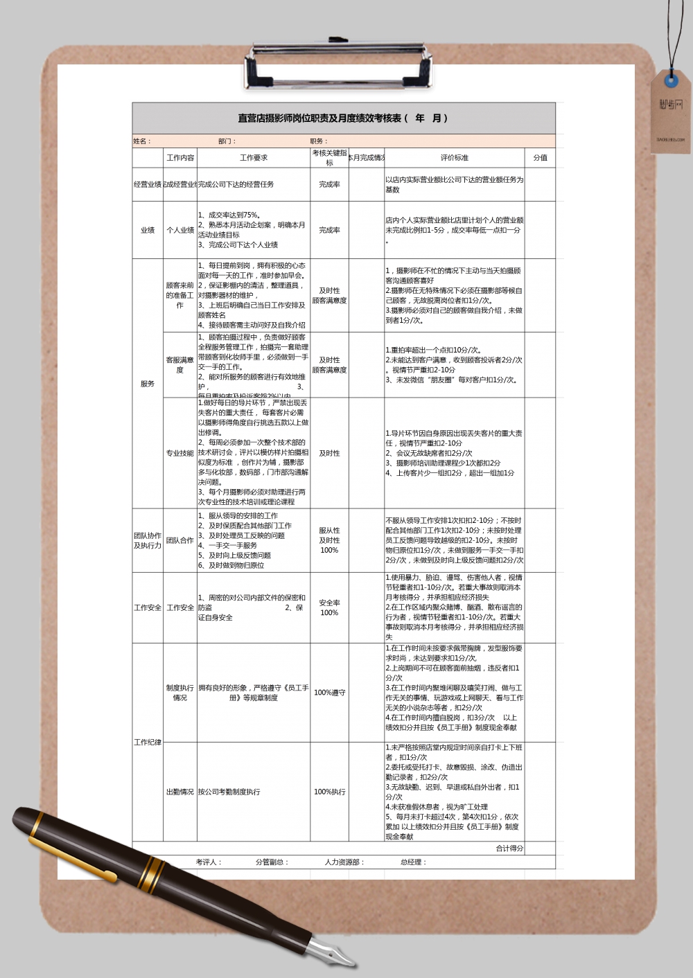 摄影师岗位月度绩效考核Excel模板