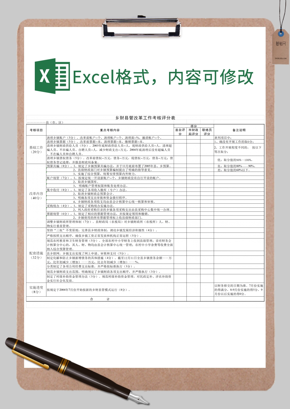 实用版乡财县管改革工作考核评分表Excel模板