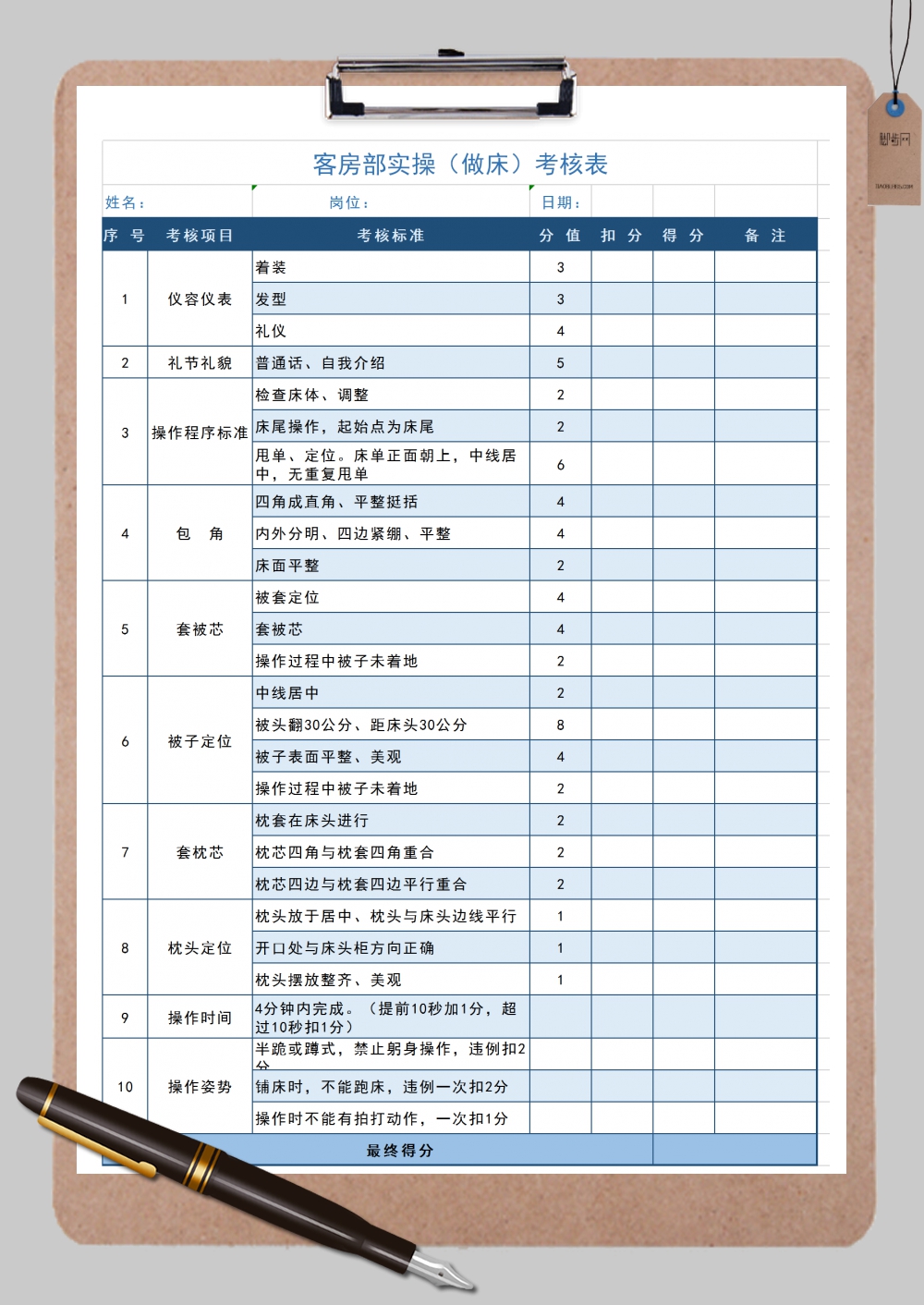 客房部实操考核表Excel模板