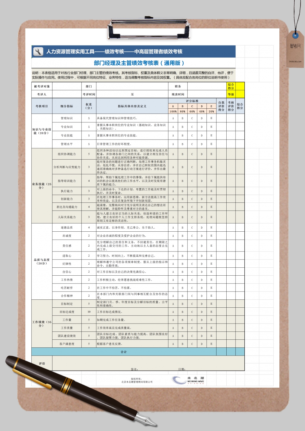 中高层管理者绩效考核表Excel模板