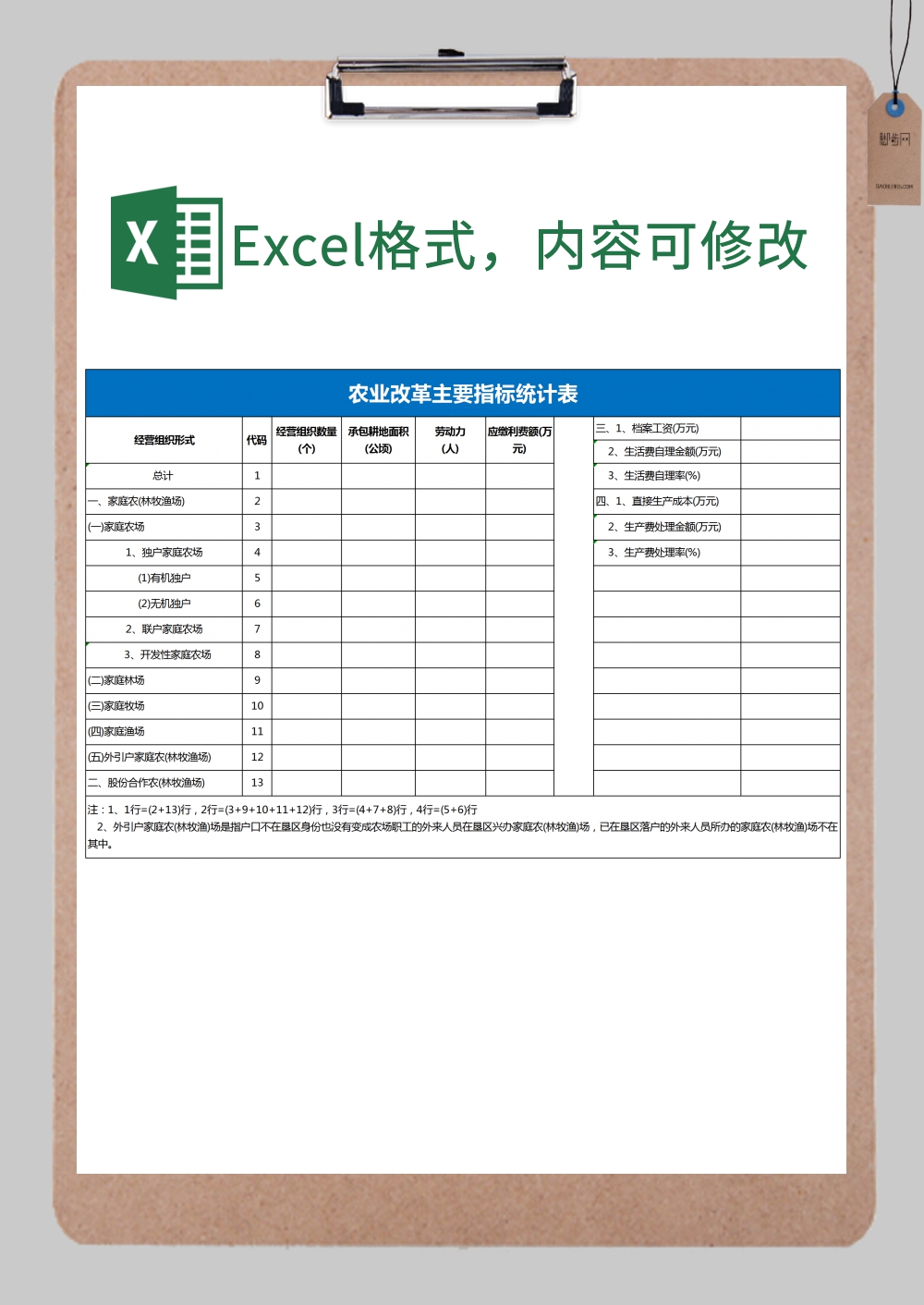 农业改革指标统计表excel模板