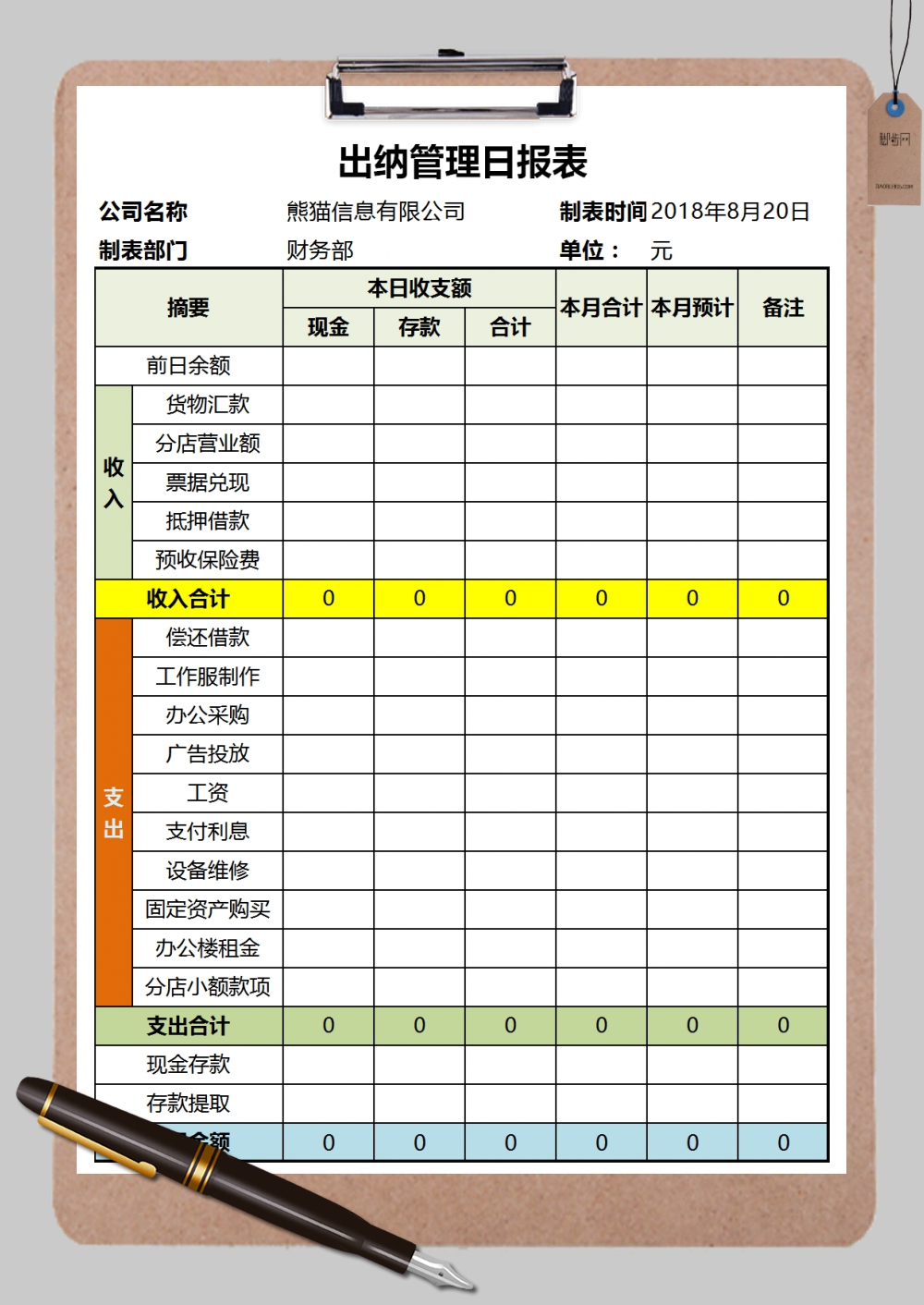 公司出纳管理日报表Excel模板