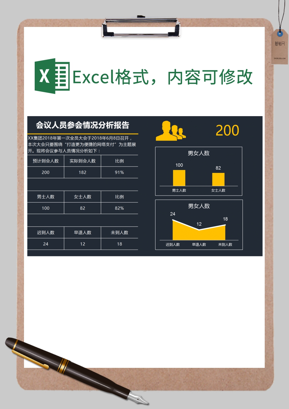 会议人员参会情况分析报告Excel模板