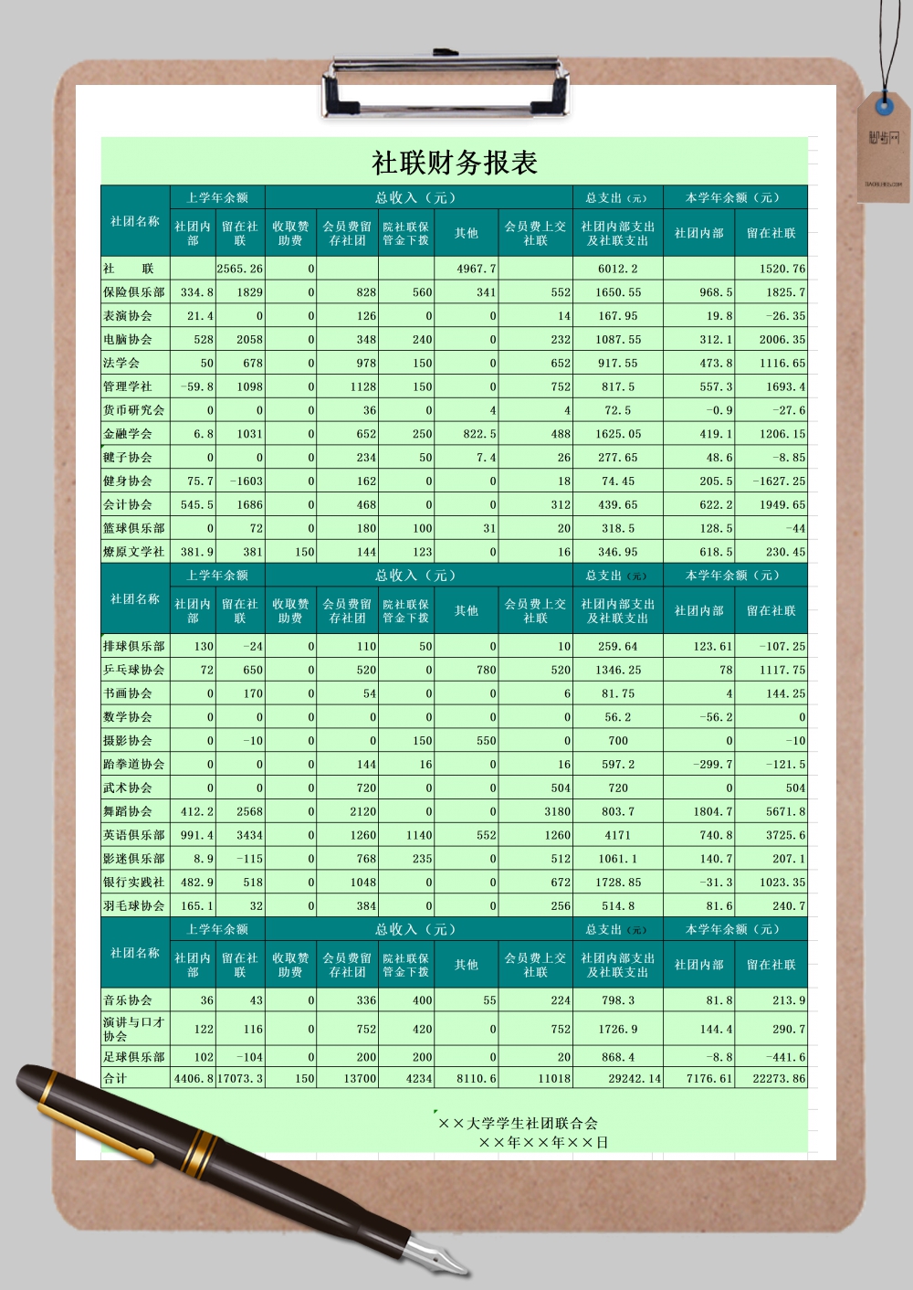 大学社联财务报表范本Excel模板