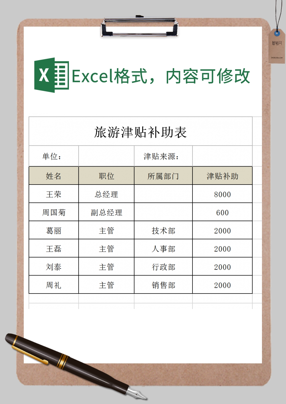 公司团建旅游津贴补助表Excel模板