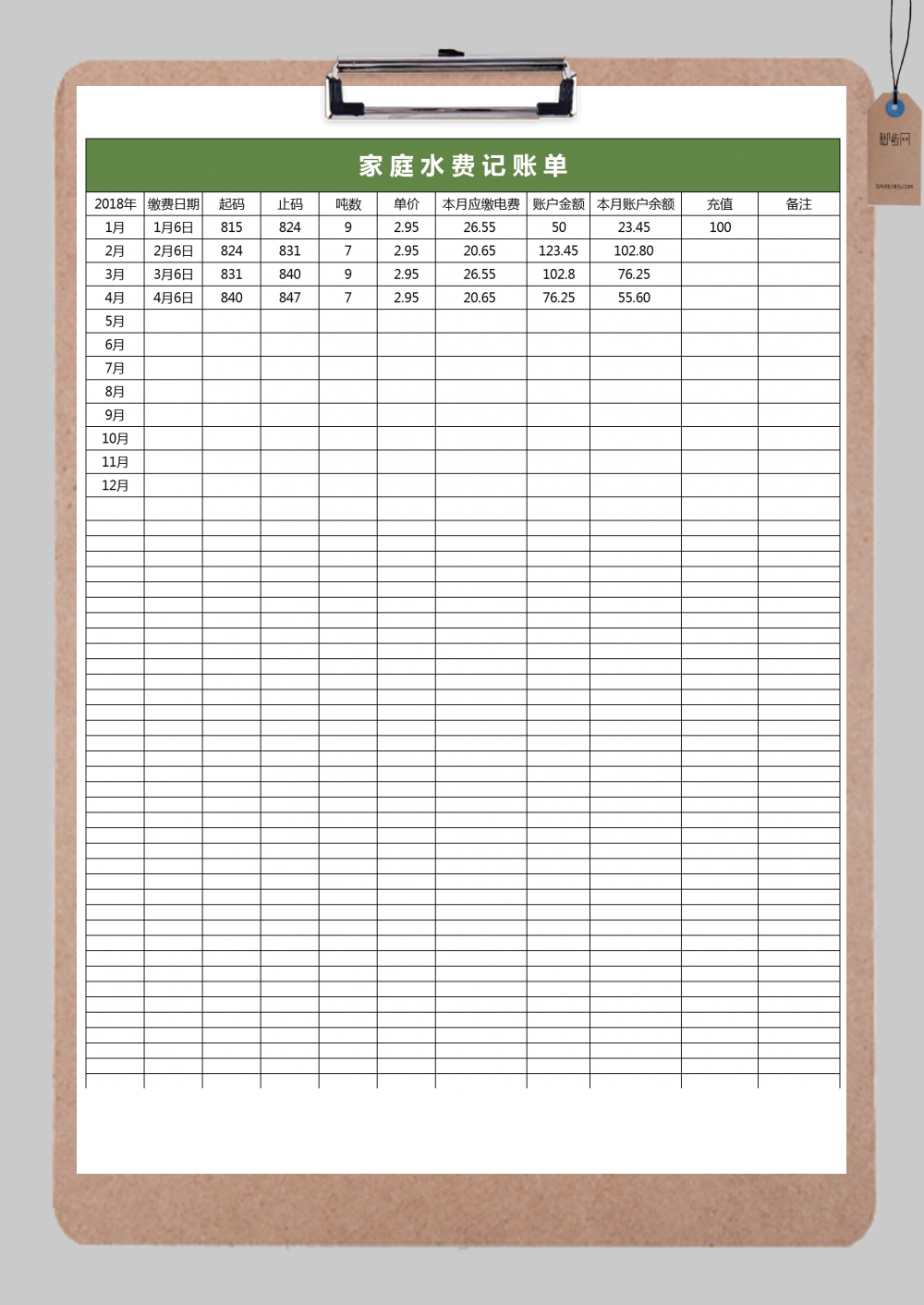 个人家庭水费记帐单excel模板