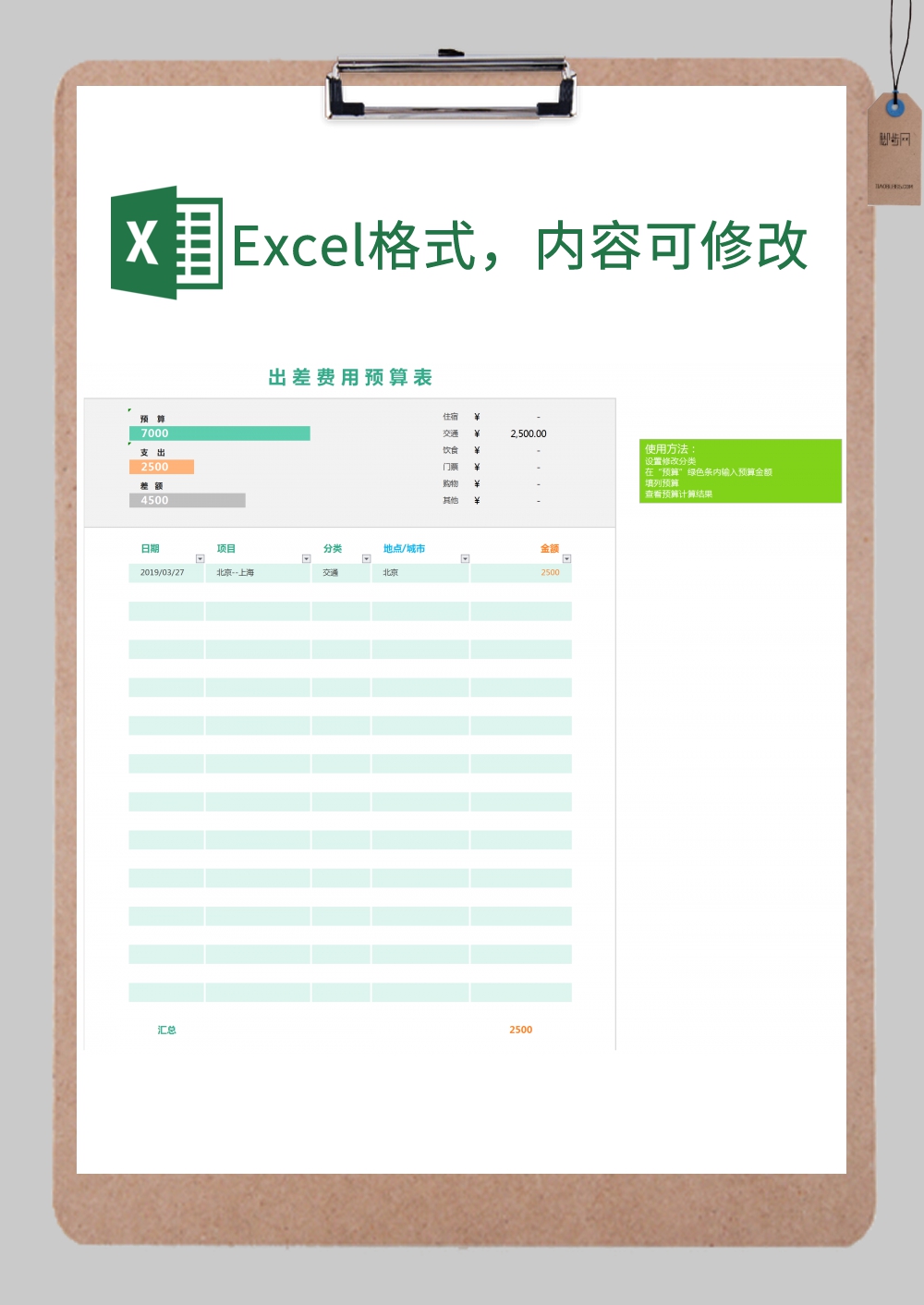 出差费预算图表excel模板