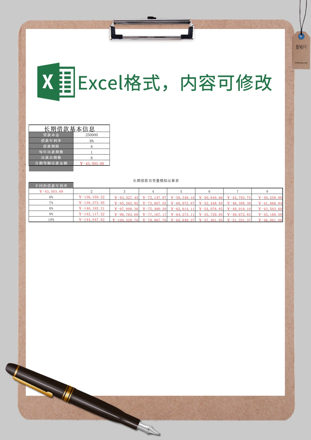 长期借款双变量模拟运算分析表Excel模板