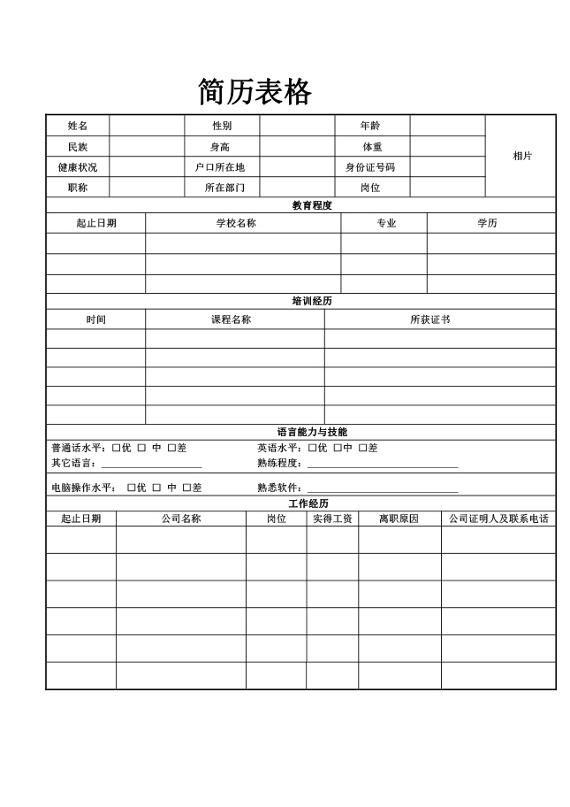 销售工程师简历表格模板