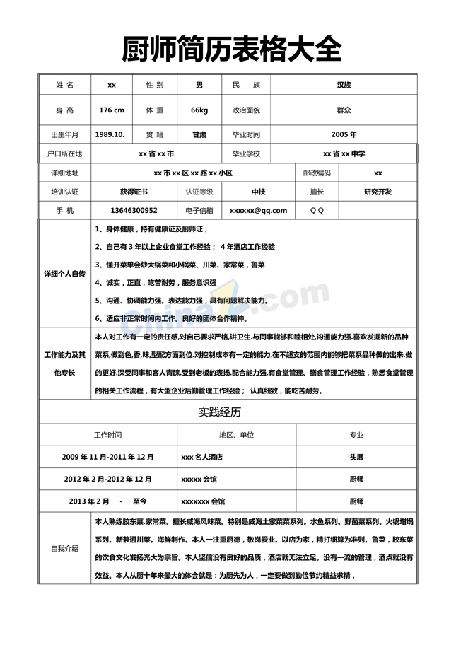 厨师简历表格大全下载