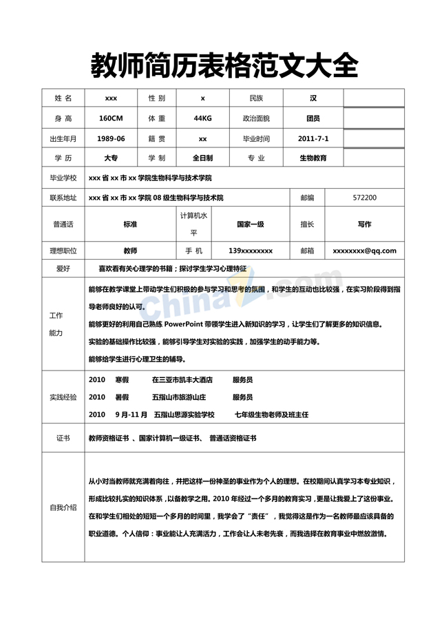 教师简历表格范文大全