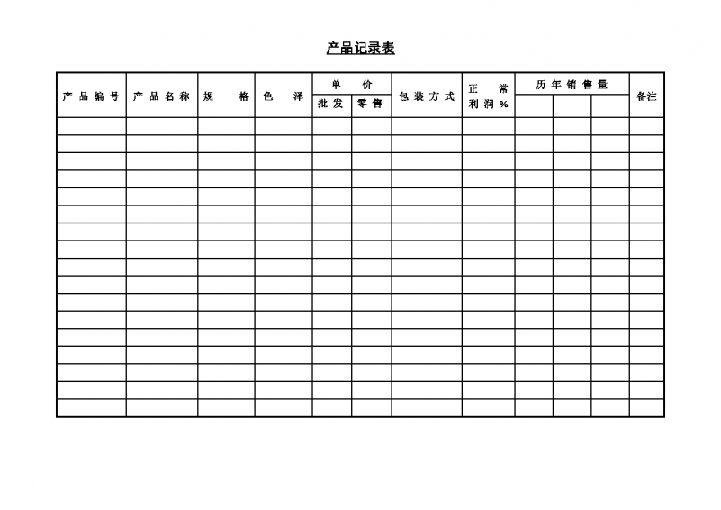 产品记录表空白Word模板