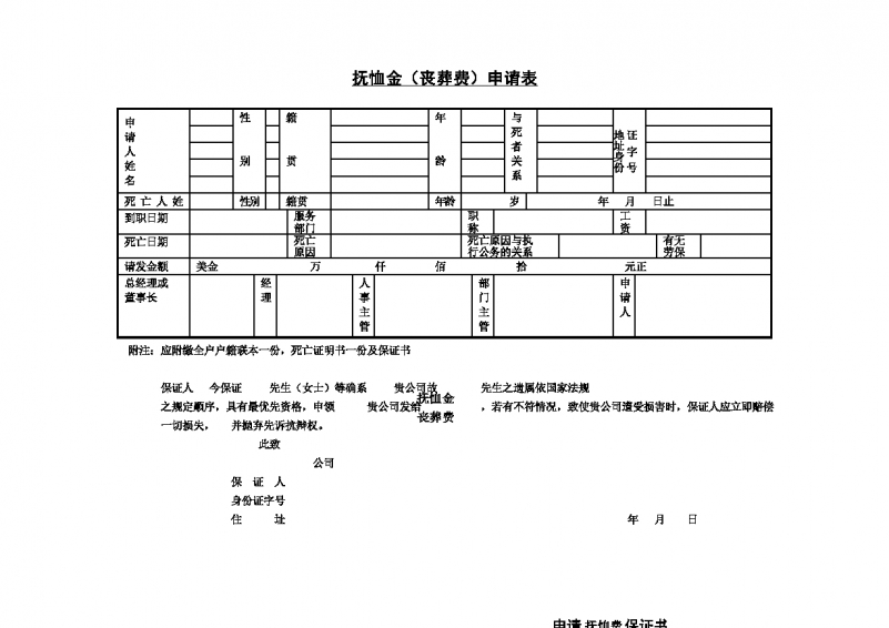 抚恤金丧葬费申请表Word模板