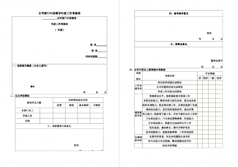 企业中层领导年度工作考核表空白1Word模板