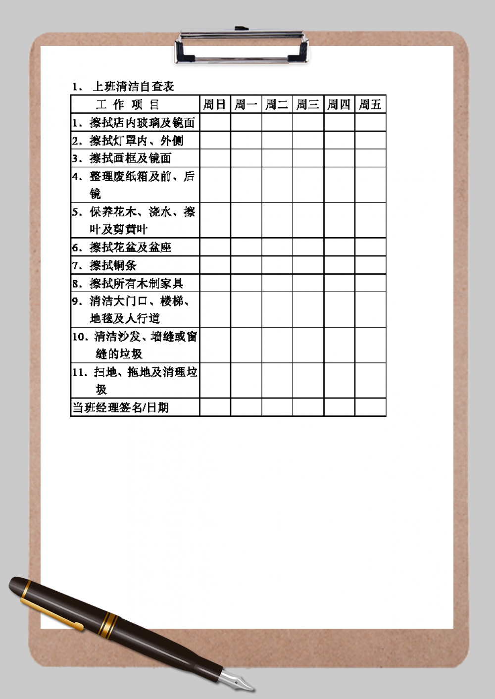 后勤部完整上班清洁自查表Word模板