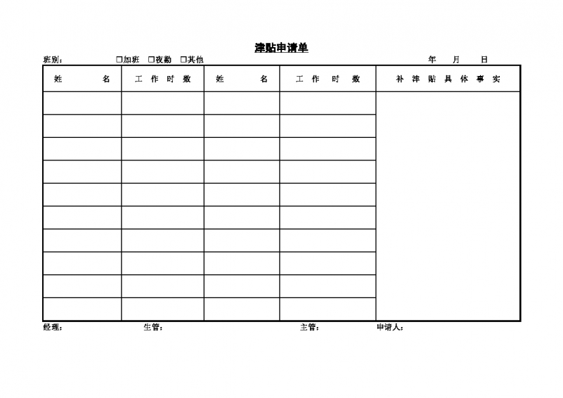 人事管理津贴申请单Word模板