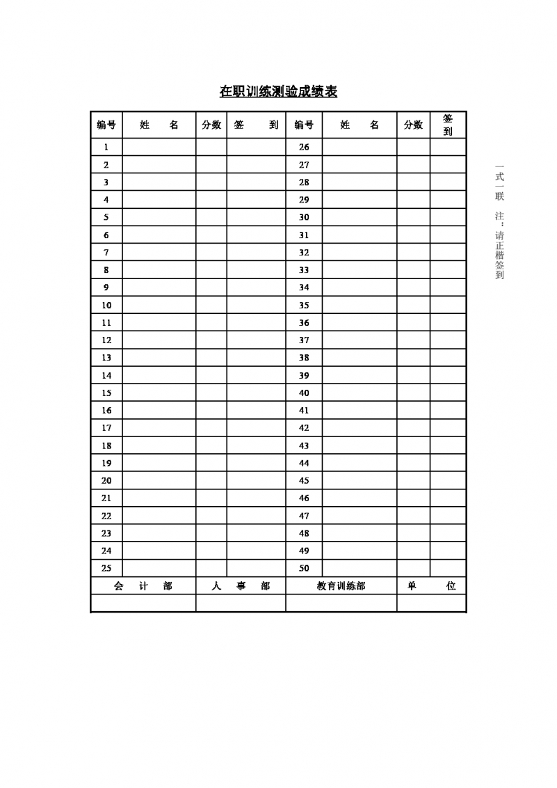 在职训练测验成绩表Word模板