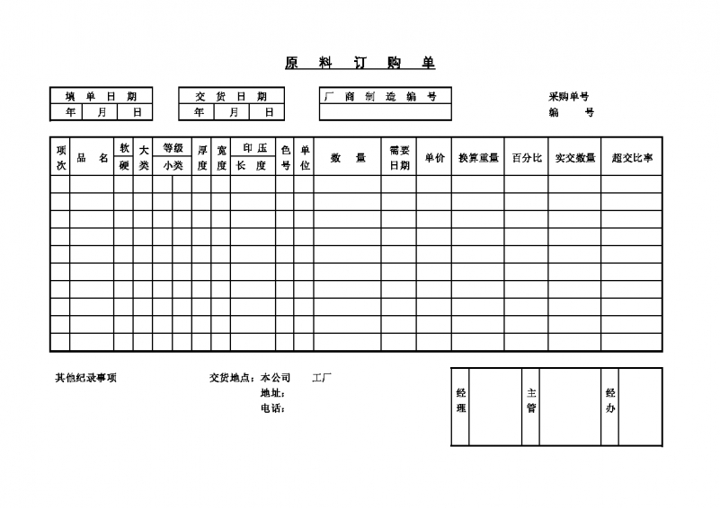 工厂原料订购单Word模板